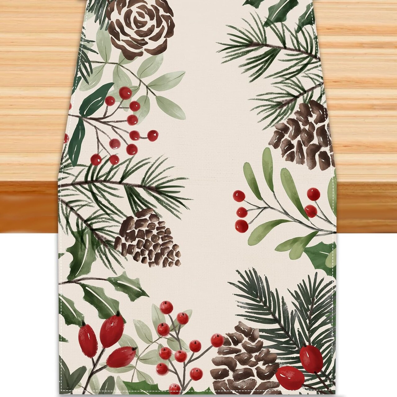 Christmas Winter Table Runner, Holly Berry Pine Cone Needle Branch Table Runners Xmas Seasonal Holiday Table Decorations for Farmhouse Kitchen Dinning Home Party Decor 13x72in